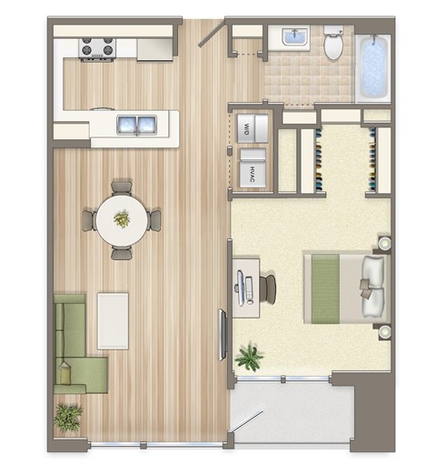 Floor plan for 1 bed, 1 bath, 686 sqft